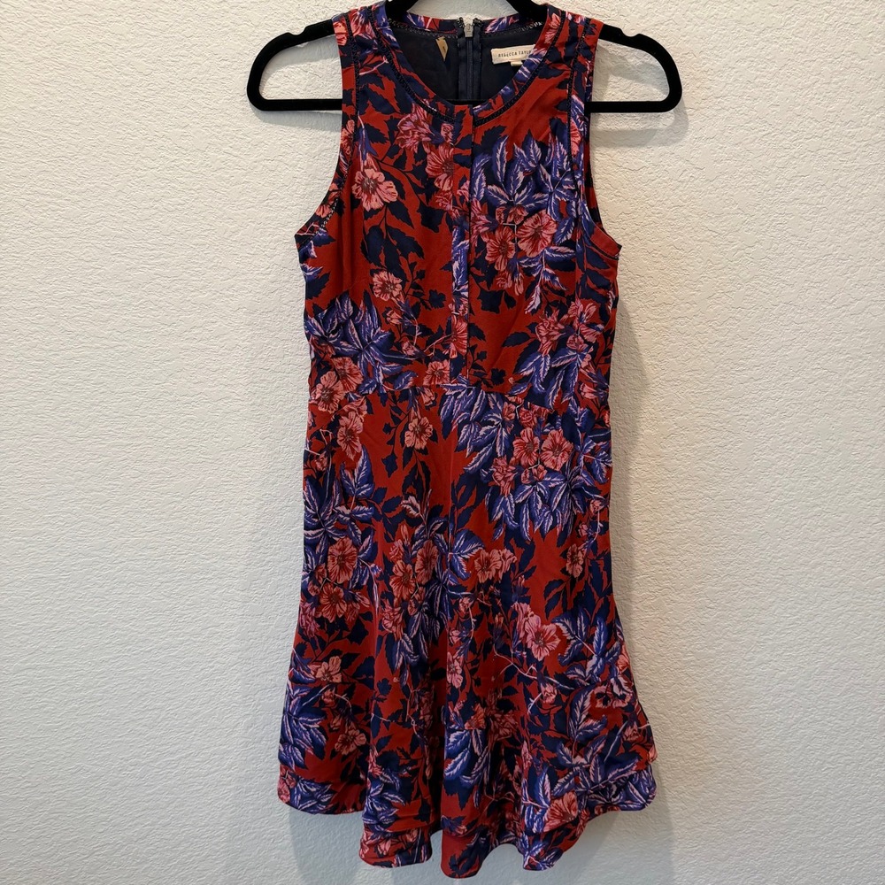 Rebecca Taylor Red Floral Sleeveless Mini Dress Lace Trim Ruffle Hem Size 2